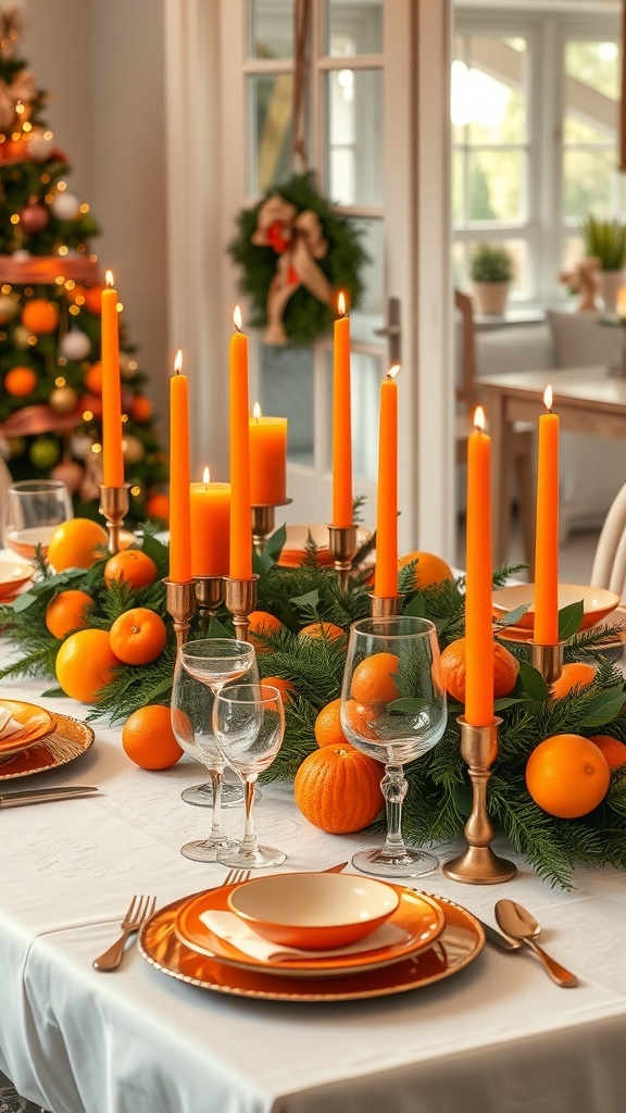 Elegant Orange Christmas Table Decorations Christmas table decorated with orange candles, fresh oranges, and greenery.